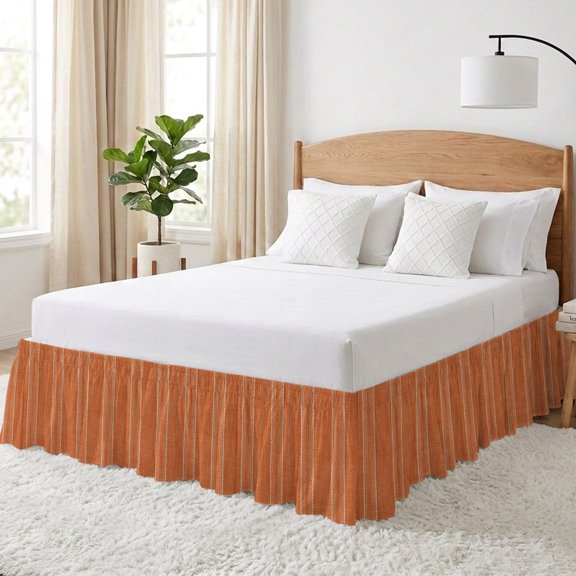Rust Orange Striped Bed Skirt California King Size 16 Inch Drop, Coastal Grandma Farmhouse Rustic Linen Texture Adjustable Elastic Dust Ruffles Bedskirt Wrap Around Pleated Mattress Frame Cover