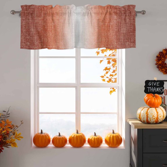Rust Orange Window Valance for Kitchen, Summer Muted Orange Ombre Linen Texture Rustic Farm Rod Pocket Short Curtains for Bathroom Bedroom Small Window, Light Filtering Decorative Valances 42x18 Inch