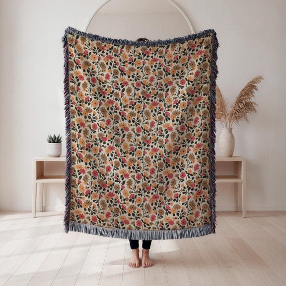 Rust Orange and Dusty Pink Wildflowers Woven Throw Blanket, 100% Cotton, Botanical Style for Home Decor