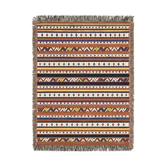 Rust Orange and Navy Geometric Stripe Woven Blanket, 100% Cotton, Diamond and Zigzag Pattern for Living Room