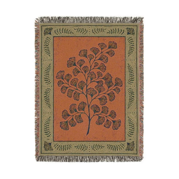 Rust Orange and Sage Ginkgo Botanical Woven Throw Blanket, 100% Cotton, Vintage Style for Living Room Decor