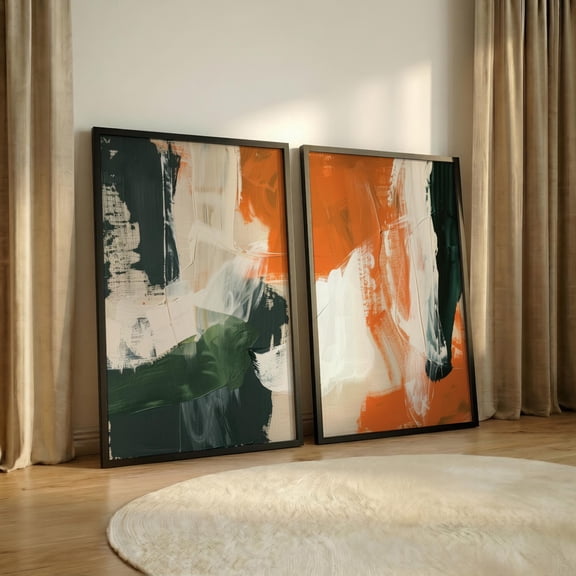 Rust Painting Prints Green Orange Abstract Mid Century Modern Art Set 2