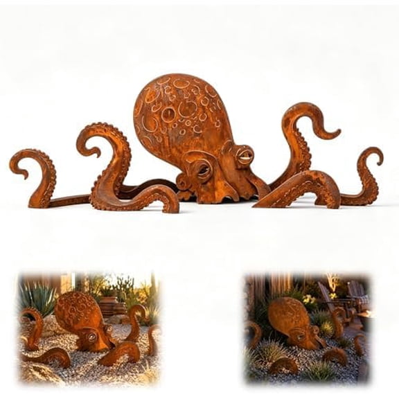 Rust Patina Giant Squid Garden Sculpture, Rustic Metal Octopus Statue, Unique Coastal Yard Art for Patio Lawn Backyard Beach Themed Decor