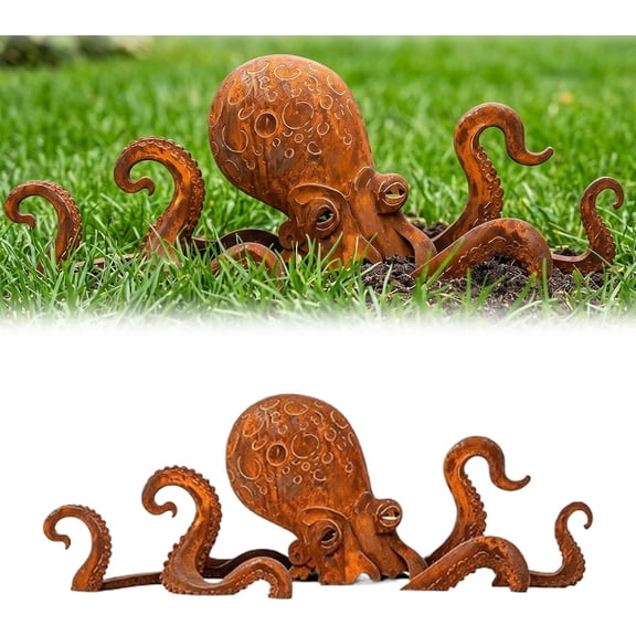 Rust Patina Metal Octopus Garden Sculpture, Outdoor Octopus Statue for Lawn Patio Yard Decor, Coastal Marine Animal Lawn Ornament, Rustic Metal Yard Art(Q)