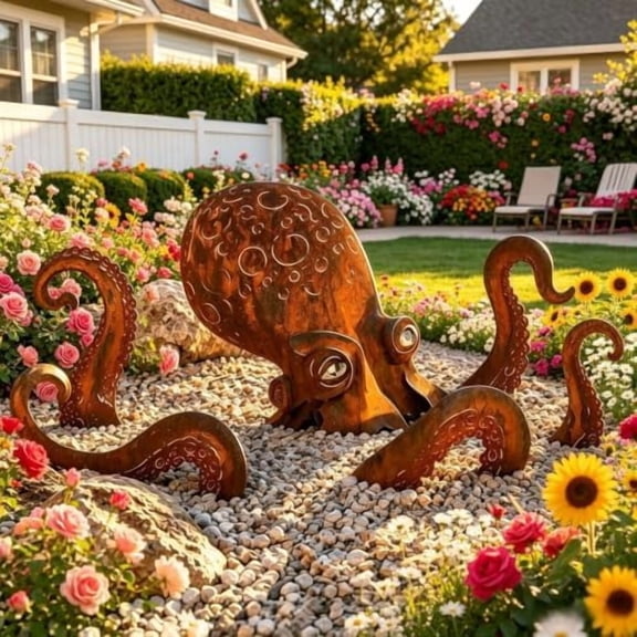 Rust Patina Metal Octopus Garden Sculpture Outdoor for Patio Lawn Backyard