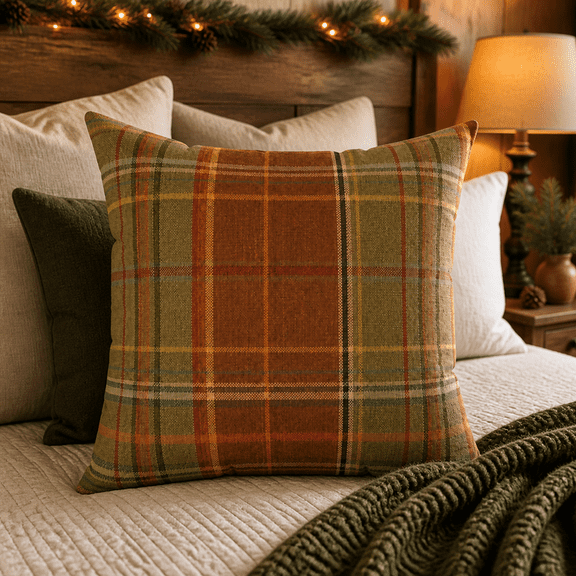 Rust Plaid Polyester Decorative Pillow Cover, Double-Sided Print, Square 16 x 16 in, Pillow Insert Not Included