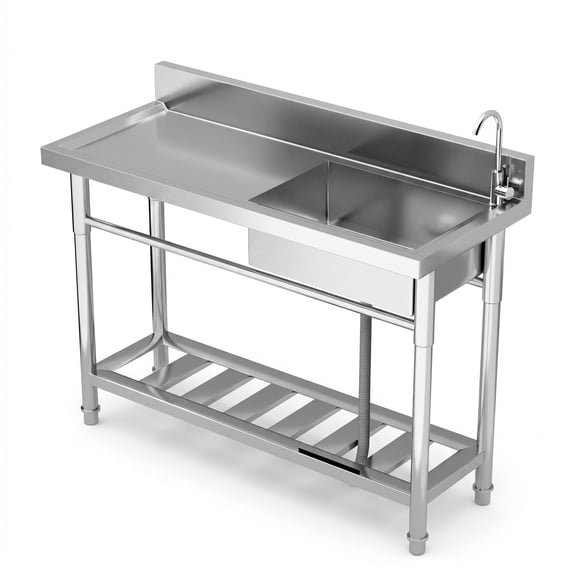 Rust-Proof Free Standing Stainless Steel Workbench Sink, 47 Inch Single Bowl Commercial Laundry Sink with Bottom Storage Rack & All-in-One Faucet for Outdoor & Indoor Use