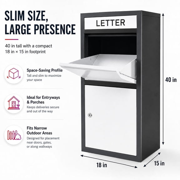 Rust Proof Package Delivery Box, Powder Coated Galvanized Steel Parcel Drop Bin, Black & White Mailbox for Wet Climate