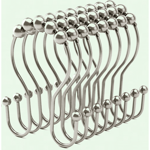 Rust Proof Shower Curtain Hooks, Double Sided Design for Balanced Hanging, Brushed Nickel Shower Hooks for Curtain - Set of 12