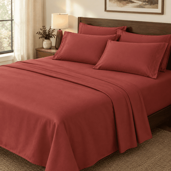 Rust Queen Size 6 Piece Bed Sheet Set with 16 Inch Deep Pockets
