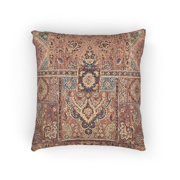 Rust Red, Burnt Orange and Blue Patchwork Floral Paisley Decorative Woven Pillow, Cotton-Polyester Shell