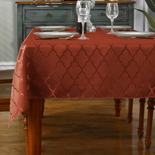 Rust Red Damask Jacquard Tablecloth - 52x70 Inch Rectangle/Oblong (4-6 Seats) - Water Resistant, Wrinkle-Free Durable Fabric - Fall Thanksgiving & Christmas Daily Table Cover
