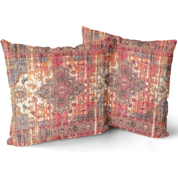 Rust Red Ethnic Boho Throw Pillow Covers 18x18 Inch Bohemian Carpet Vintage Decorative Pillows Square Pillow Cases Farmhouse Accent Home Decor for Bedroom Couch Sofa Porch Set of 2
