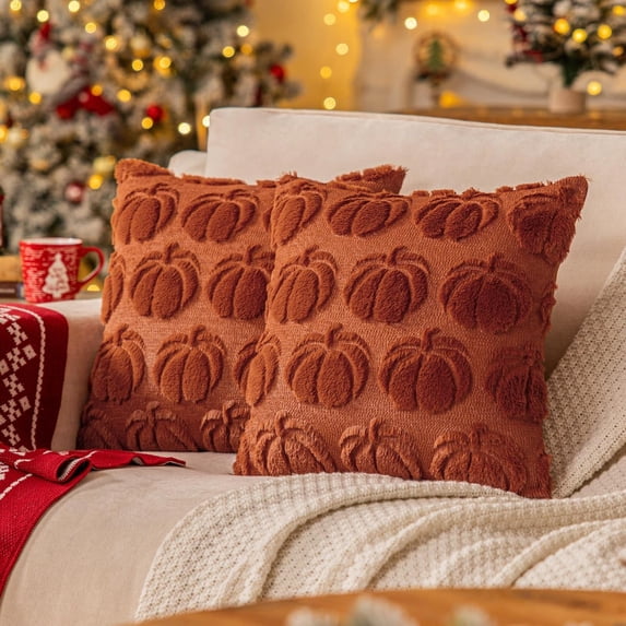 Rust Red Fall Pumpkin Decorative Throw Pillow Covers Set of 2, 20x20 Inch Soft Plush 3D Embroidered Halloween Pillow Covers for Fall Decorations Farmhouse Cushion Covers for Thanksgiving