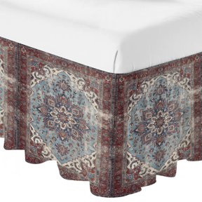 Rust Red Flower Ruffle Bed Skirt Queen Size Antique Rustic Muted Teal Field Dark Red Border Adjustable Elastic Dust Bed Skirts Wrap Around Bedskirt Wrinkle Free Easy Fit with 18 Inch Drop