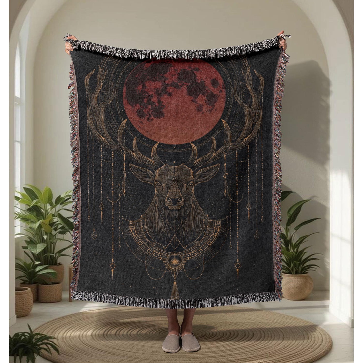 Mon Rusting Rust Red Moon and Antlered Stag Black Woven Blanket, 100% Cotton ...