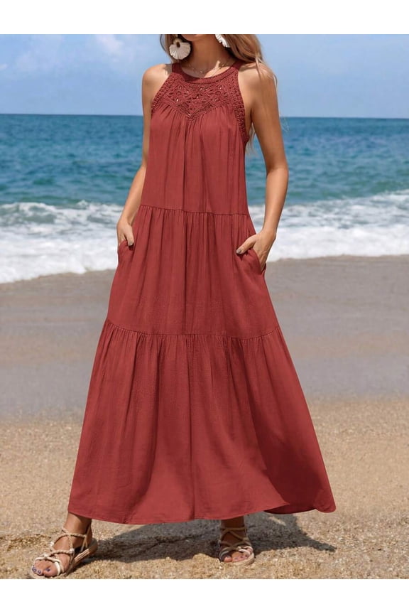 Rust Red Sleeveless Halter Boho Maxi Sundress With Lace Yoke And Tiered