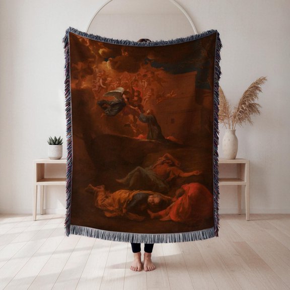 Rust Red Storm Clouds and Fallen Figures Woven Blanket, 100% Cotton, Classical Dramatic Style for Home Decor