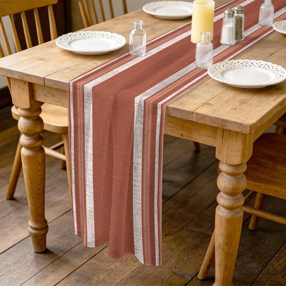 Rust Red Stripes 10ft Cheesecloth Table Runner for Wedding 27"x120", Minimalist Copper Striped Linen Texture Modern Kitchen Dinner Sheer Tulle Chiffon Dresser Scarf, Holiday Party Decorations