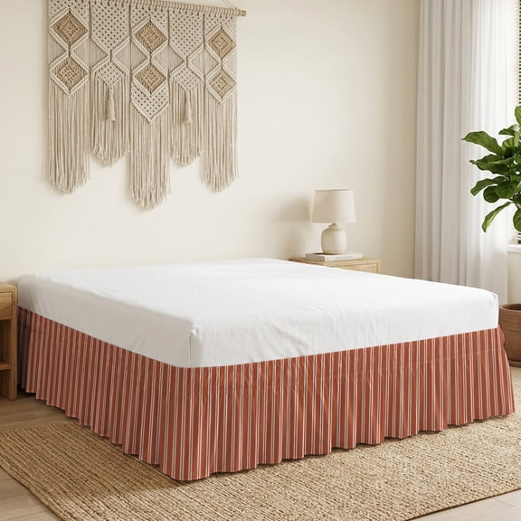 Rust Red White Stripes Bed Skirt Bed Skirts California King Size 18 Inch Drop, Modern Red Verticals Lines Wrap Around Dust Ruffle Bedskirt with Adjustable Elastic Belt for California King Size Beds