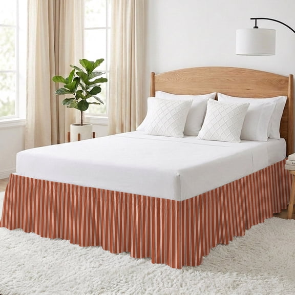 Rust Red White Stripes Bed Skirt California King Size 16 Inch Drop, Modern Red Verticals Lines Adjustable Elastic Dust Ruffles Bedskirt Wrap Around Pleated Mattress Frame Cover