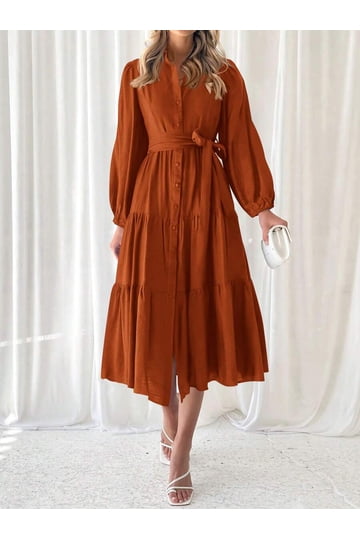 rust colored dresses Orange Maxi Slit Dress with Long Sleeves and Belt: Autumn wedding, Fall photoshoots, Plus size while the back zip provides easy wear Rust Color Mother Of The