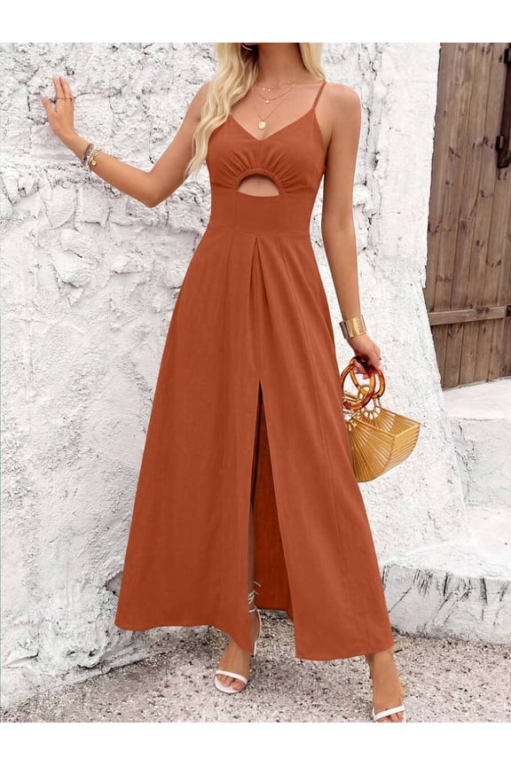 Rust Red Womens Spaghetti Strap V-Neck Cutout Maxi Dress With Front Slit