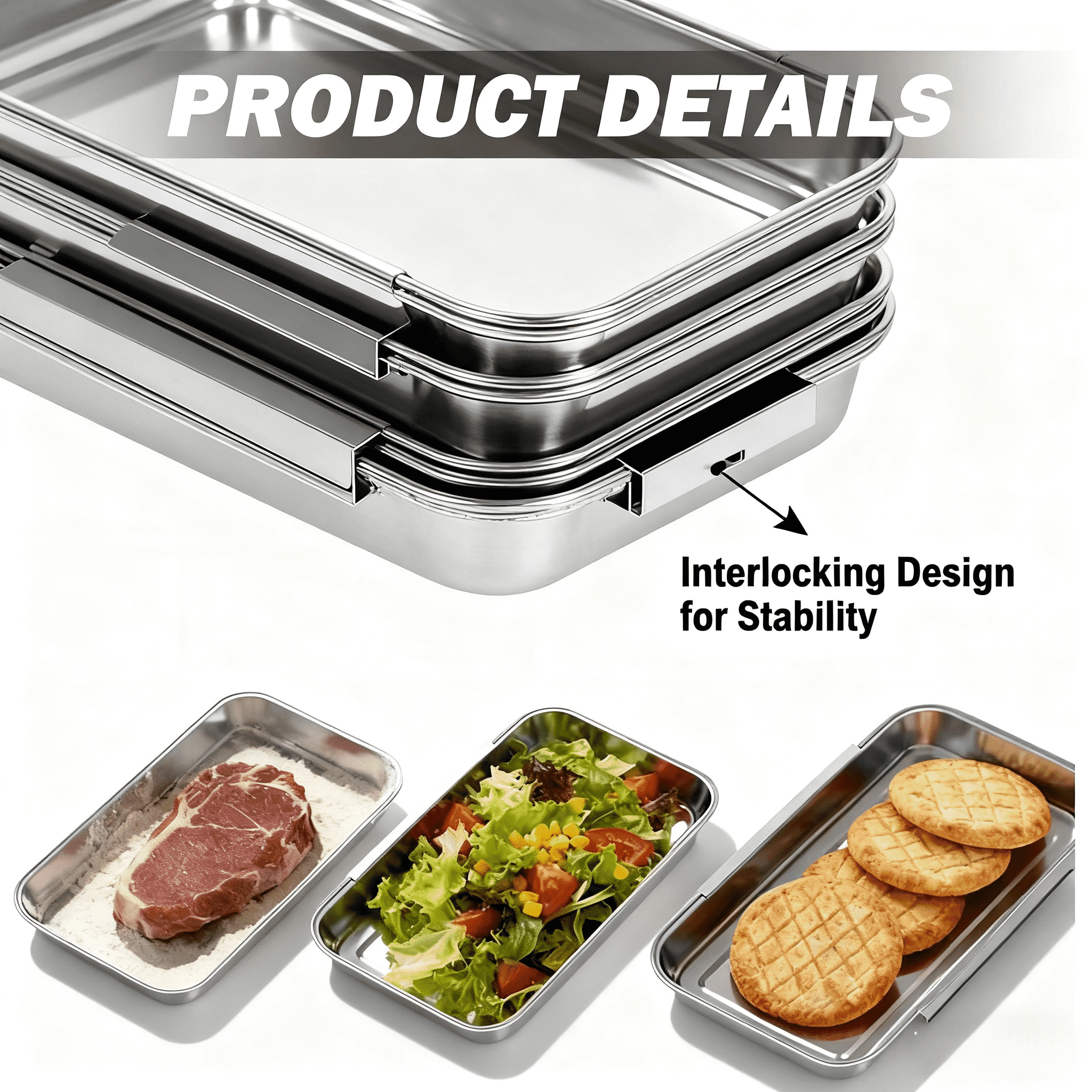 COSANO Rust-Resistant Rectangle Baking Sheet Set of 3, Stainless Steel Cookie Sheet, Stackable Breading Trays Set,  3 pack Cookie Tray Pans Set for Oven,Mirror Finish