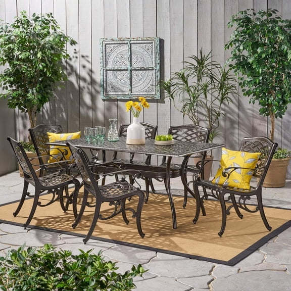 Rust-Resistant Cast Aluminum Outdoor Dining Table with Floral Lattice Design for 6-Person Patio Set, Weatherproof Rectangular Garden Table with Curved Saber Legs