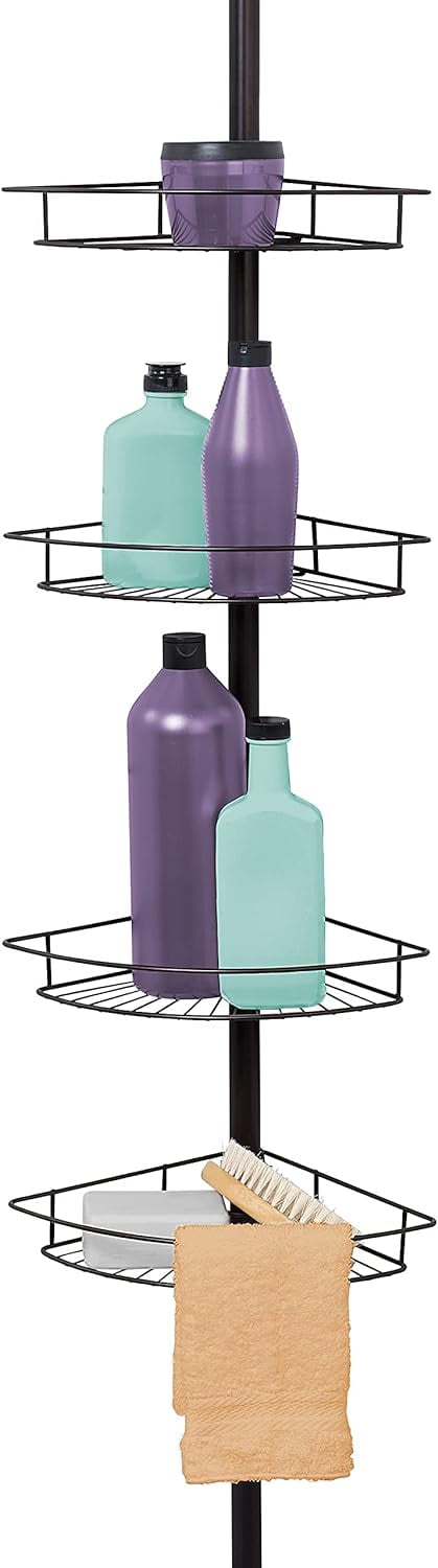 Rust-Resistant Corner Shower Caddy for Bathroom, 4 Adjustable Shelves and Towel Bar, with Tension Pole, for Bath and Shower Storage, 60-97 Inch, Bronze