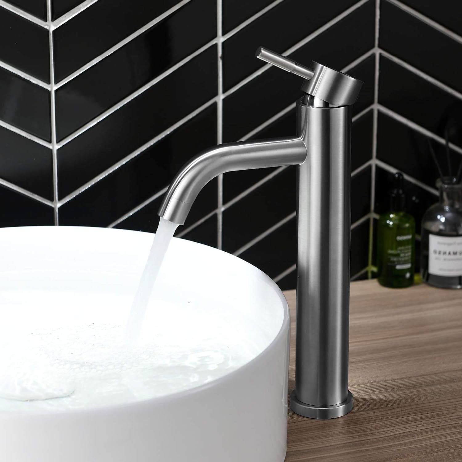 Vessel Sink Faucet, Modern Design Single Handle Control Brushed Nickel Finish Bathroom Faucet