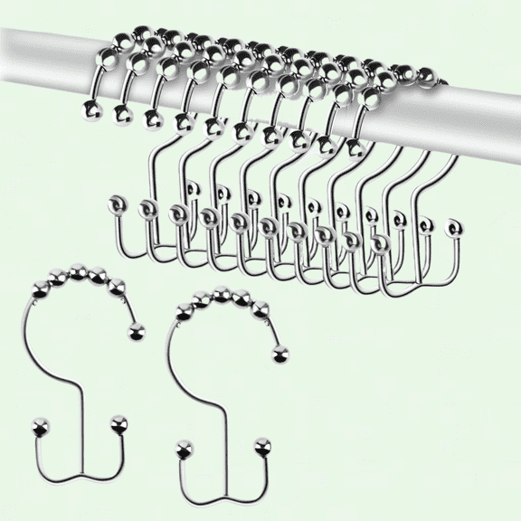 Rust Resistant Shower Curtain Rings, 12 Pcs Double Shower Curtain Hooks, Nickel Bathroom Shower Curtain Hooks