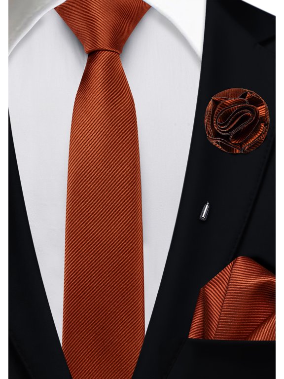 Rust Skinny Ties for Men Silk Satin Slim Necktie and Pocket Square Lapel Pin Set Handkerchief Wedding Casual Formal 2.4"