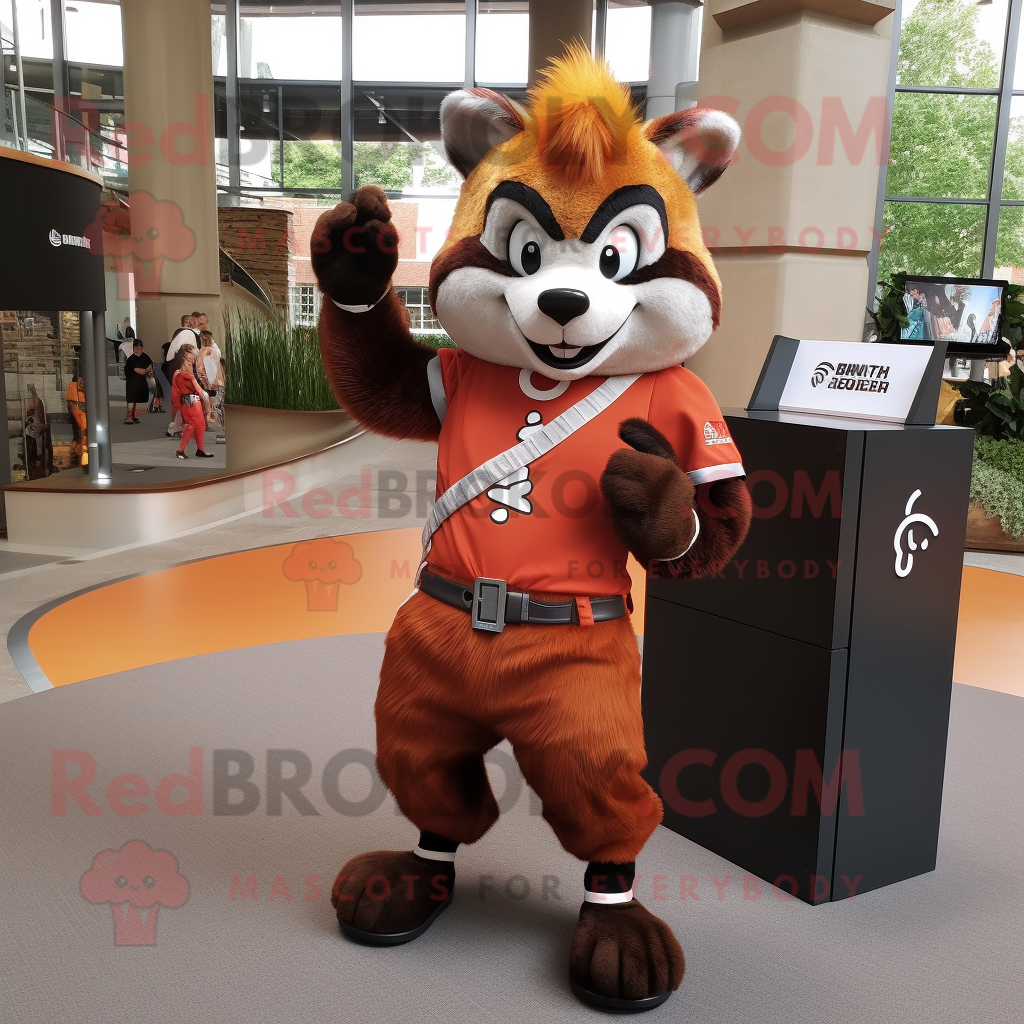 Rust Skunk REDBROKOLY mascot costume character dressed with a Sheath ...