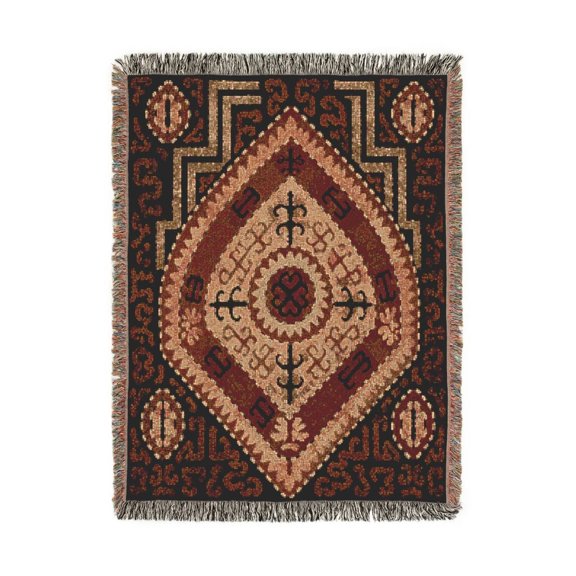 Rust, Tan and Charcoal Ornate Geometric Woven Blanket, 100% Cotton, Vintage-Inspired Home Accent