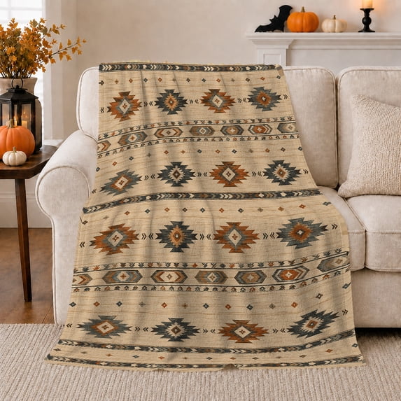 Rust And Teal Diamond Bands, Cozy Flannel Blanket for Geometric Art Enthusiasts, Rustic Southwestern Geometric Pattern Illustration Home Decor for Living Room and Bedroom, Housewarming Gift