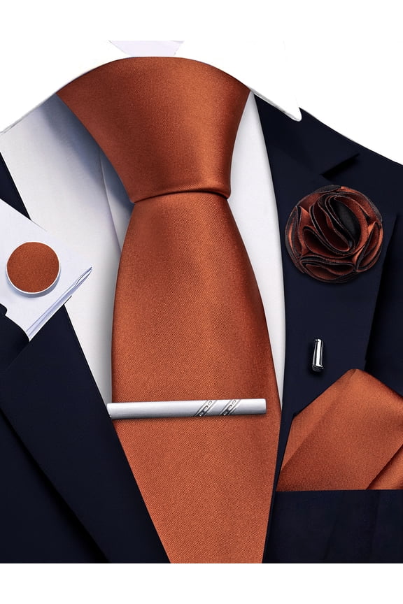 Rust Ties for Men Silk Necktie and Pocket Square Cufflinks Tie Clip Lapel Pin Silk Tie Set Wedding Business 5PCS