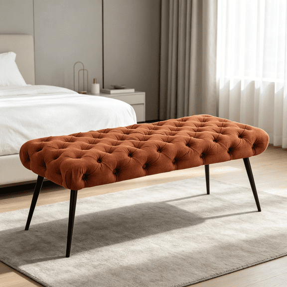 Rust Velvet Upholstered Bench with Button Tufting and Metal Legs, Modern Accent Bench for Bedroom, Living Room or Entryway