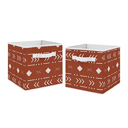Rust White Boho Tribal Mudcloth Foldable Fabric Storage Cube Bins Boxes Organizer Toys Kid Baby Childrens Set of 2 Orange Woodland Bohemian Southwest Geometric Arrow Aztec Mud Cloth