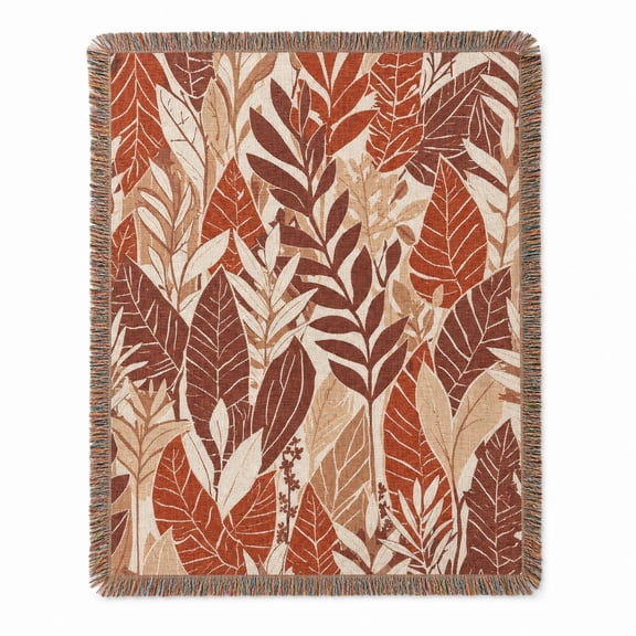Rust and Brown Botanical Leaf Woven Throw Blanket, Woven Cotton with Fringed Edges, Bohemian Nature Decor for Sofa or Bed