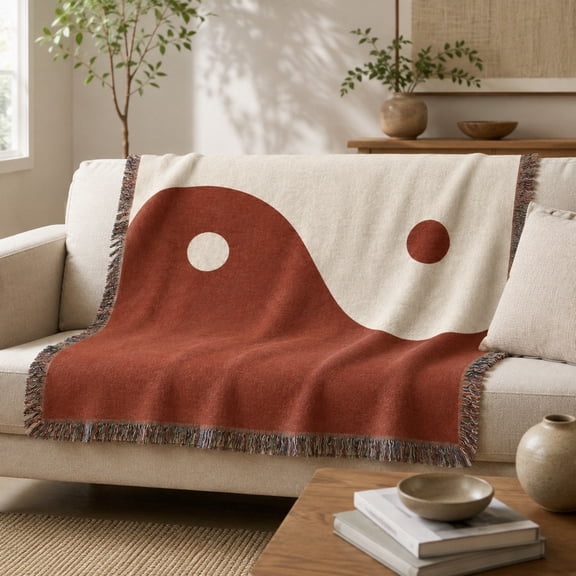 Rust and Cream Abstract Balance Woven Cotton Throw Blanket with Fringe, Modern Sofa and Bedroom Decor