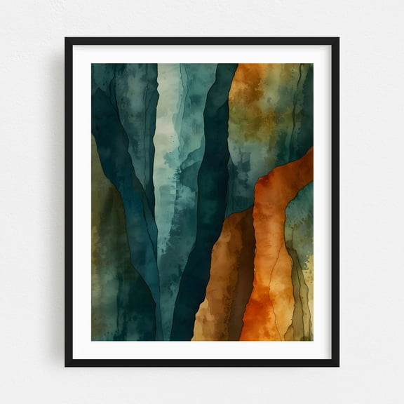 Rust and Teal - India Painting Abstract Modern Art Geometric Minimalist Nature Pattern Autumn Black Framed Wall Art Print 18 x 24 inches