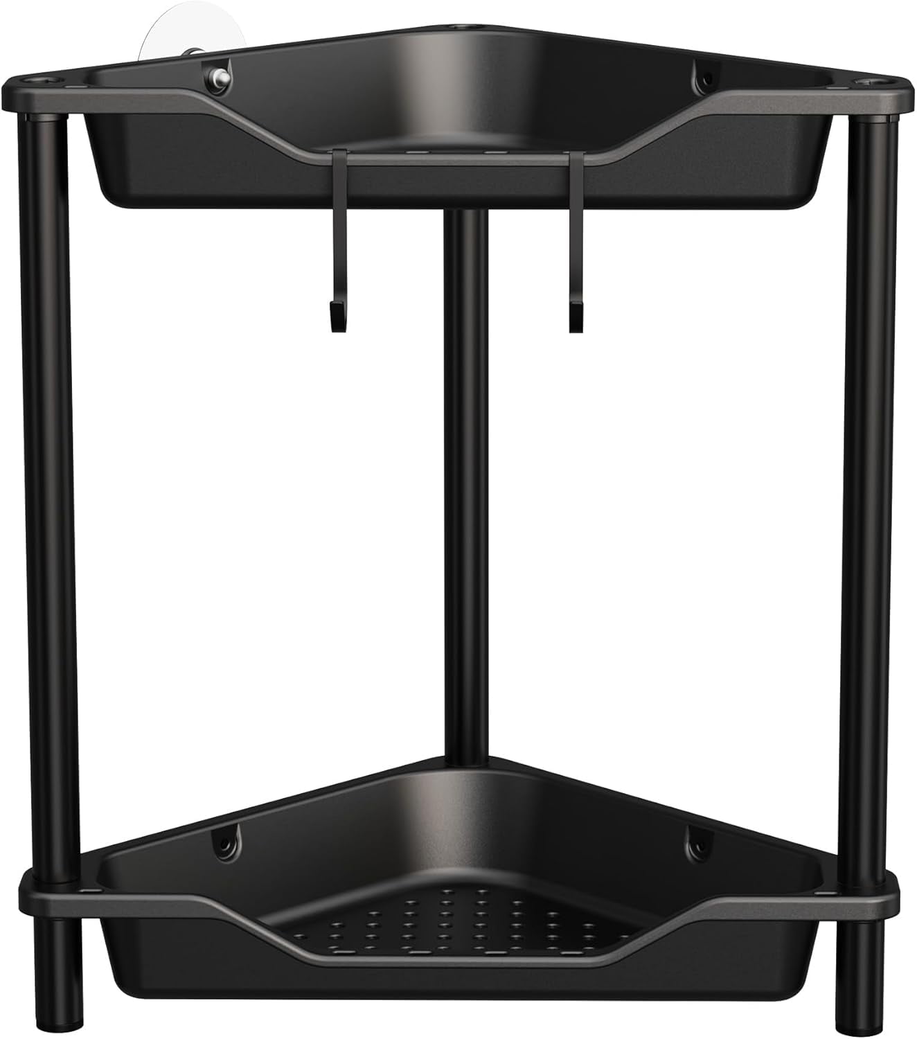 Rustproof 2 Tier Floor Standing Corner Shower Caddy Organizer, Plastic Metal Splicing Floor Corner Shelf Rack Stands for Bathroom, Black