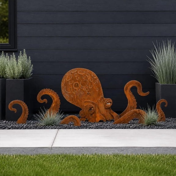 Rusted Corten Steel Octopus Garden Sculpture Rust Patina Giant Squid Corten Steel Rust Octopus Modular Lawn Sculpture