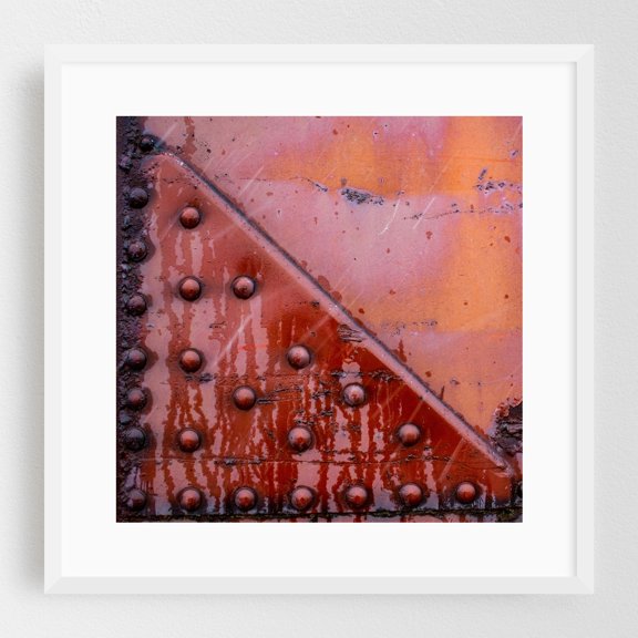 Rusted Geometry: Industrial Panel with Rivets - Photography Abstract Industrial Rustic Geometric Modern Art Pattern Architecture White Framed Wall Art Print 20 x 20 inches