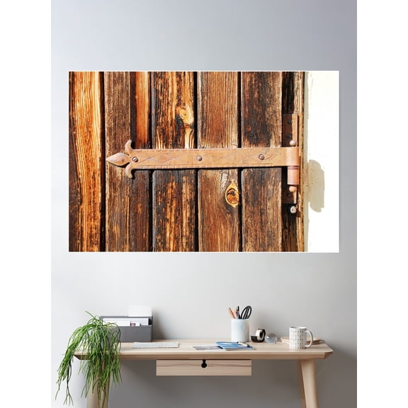 Rusted Hinge On Wooden Door Poster Wall Art, Modern Wall Decor For Living Room Bedroom, 16x24 UNFRAMED