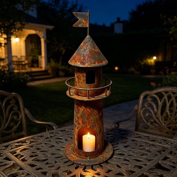 Rusted Lighthouse Candle Holder, Metal Art Candle Decor, Vintage Iron Hanging Tabletop Candle Holder, Natural Rust Finish, Dual Display Design, for Home Garden Patio Nautical Decor