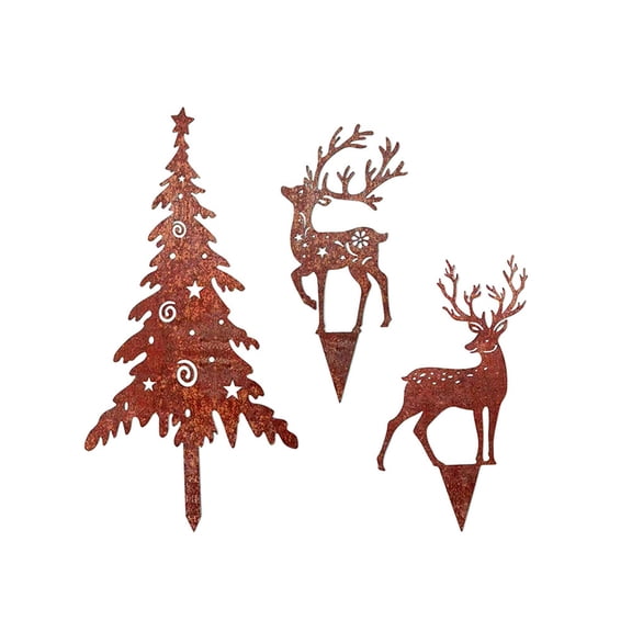 Rusted Metal Christmas Tree with Reindeer Silhouette, Holiday Outdoor Yard Stake, Festive Garden Art, 15.7in Ornament for Winter Season Decor