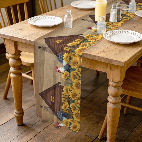 Rustic 10ft Cheesecloth Table Runner for Wedding 27"x120", Farmhouse Barn Chicken Sunflowers Flowers Retro Brown Kitchen Dinner Sheer Tulle Chiffon Dresser Scarf, Holiday Party Decorations