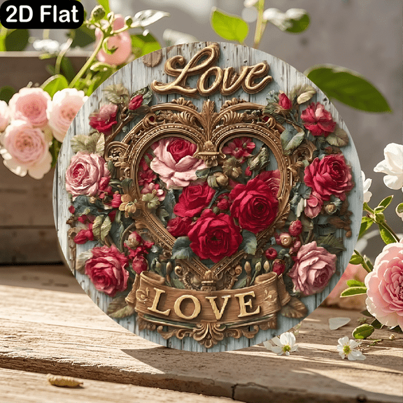 Rustic 11.8x11.8 Inch Circular Wooden Wall Decor Sign with Vintage "Love" Script, Ornate Gilded Heart Frame Filled with Red and Pink Roses, Weathered Blue-Gray Wood Plank Background, Romantic Floral
